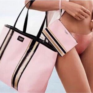 Victoria Secret TRAVEL Glass Stripe City Tote Bag BEACH w/MATCHING Wristlet NWT